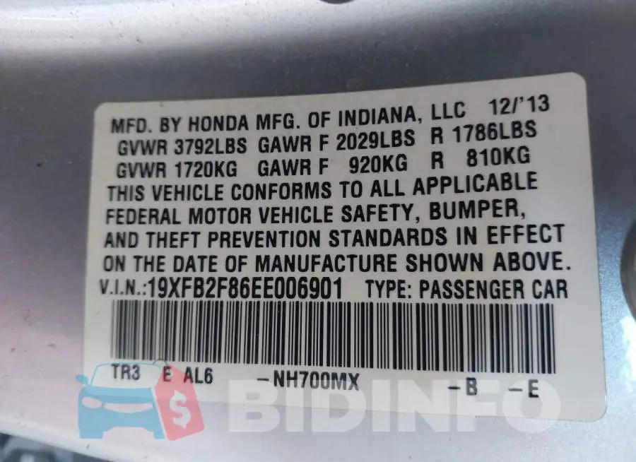 19XFB2F86EE006901 Photo# 9