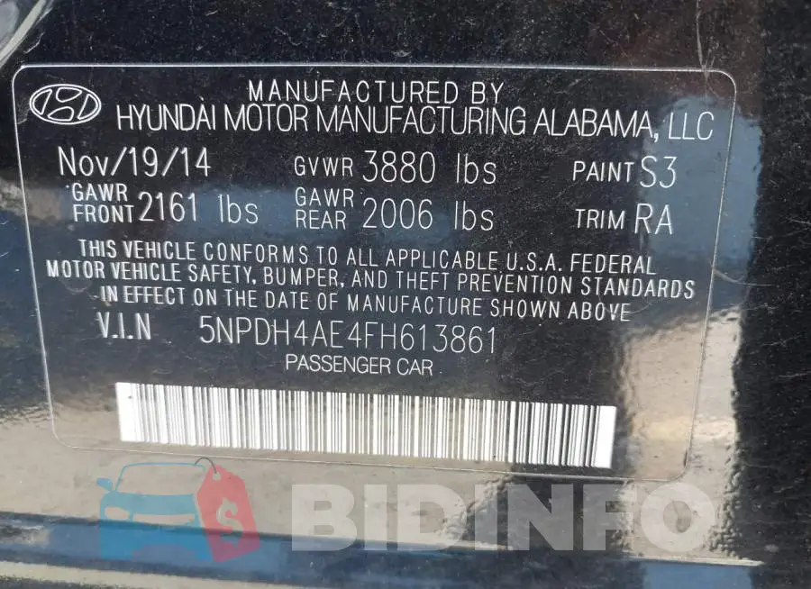 5NPDH4AE4FH613861 Photo# 9