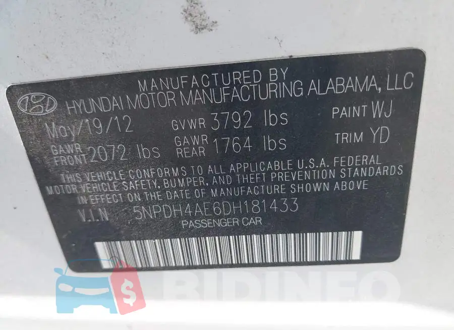 5NPDH4AE6DH181433 Photo# 9