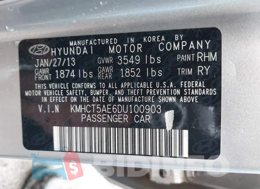 KMHCT5AE6DU100903 Photo# 9