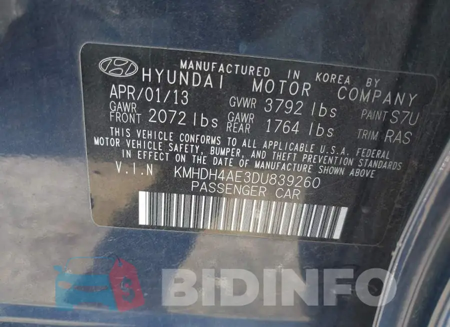 KMHDH4AE3DU839260 Photo# 9