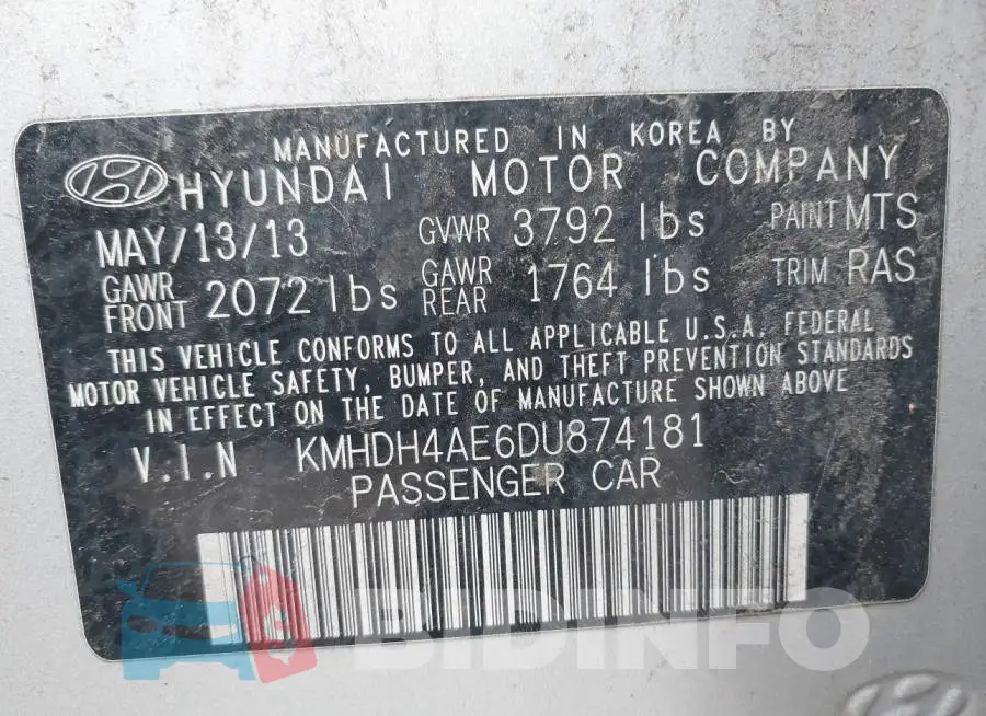 KMHDH4AE6DU874181 Photo# 9