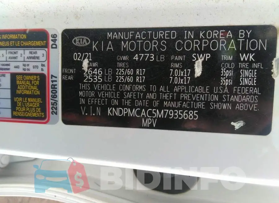 KNDPMCAC5M7935685 Photo# 9