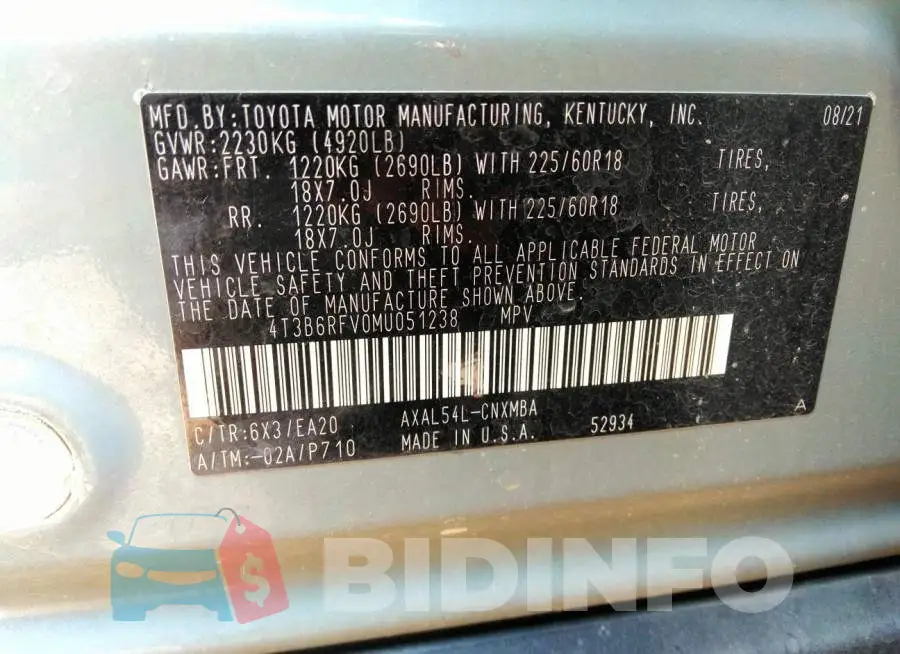 4T3B6RFV0MU051238 Photo# 9
