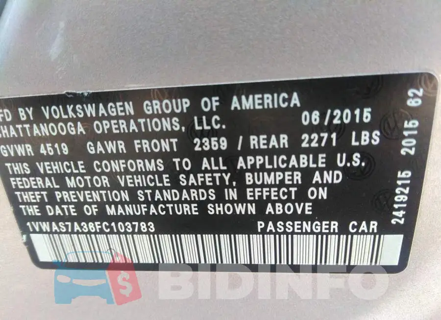 1VWAS7A36FC103783 Photo# 9