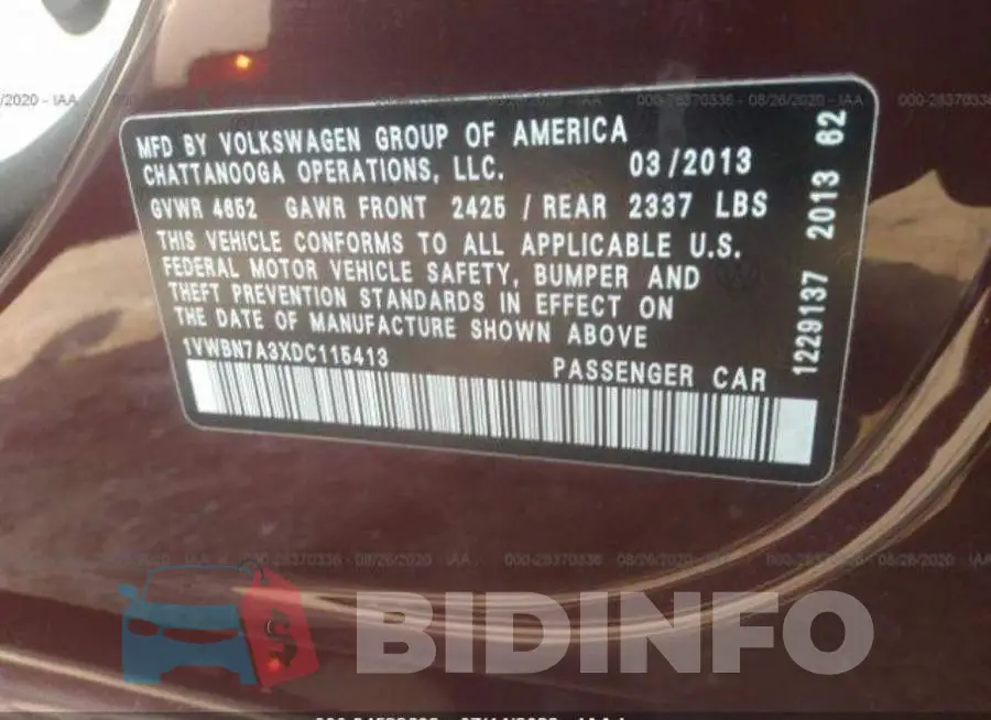 1VWBN7A3XDC115413 Photo# 9
