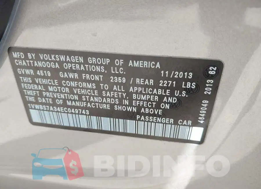 1VWBS7A34EC049743 Photo# 9
