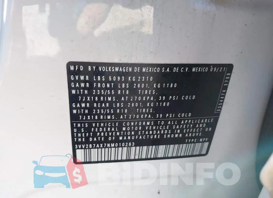 3VV2B7AX7NM010263 Photo# 9