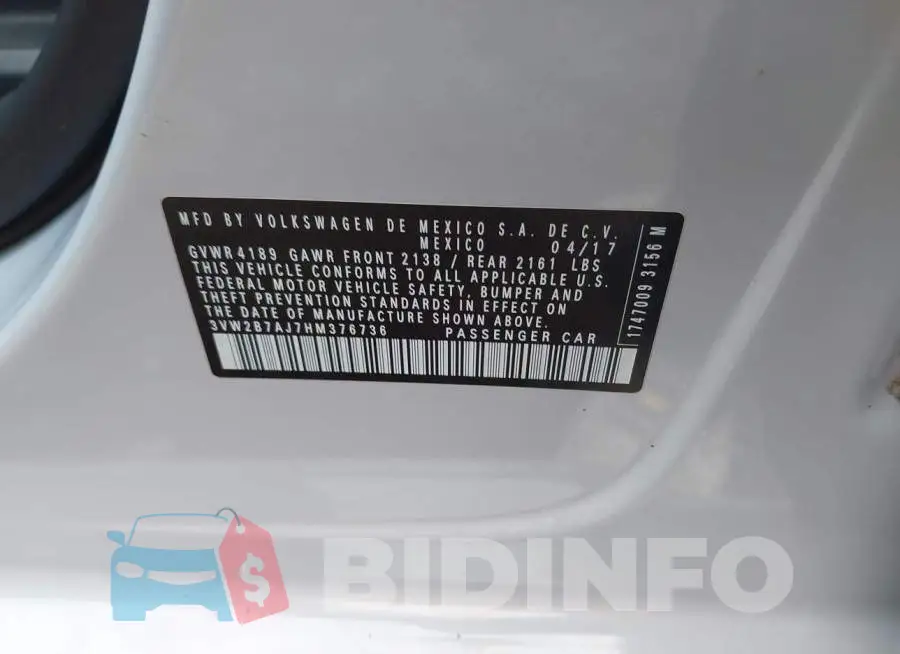 3VW2B7AJ7HM376736 Photo# 9