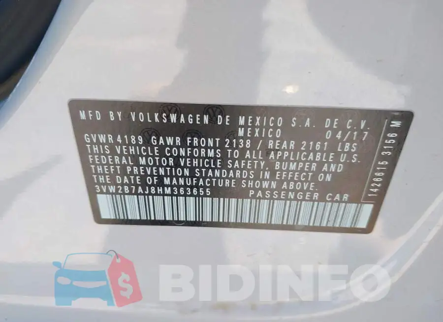 3VW2B7AJ8HM363655 Photo# 9