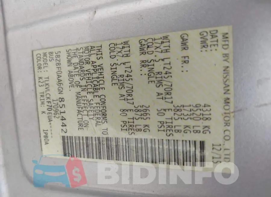 5BZBF0AA6GN851442 Photo# 9