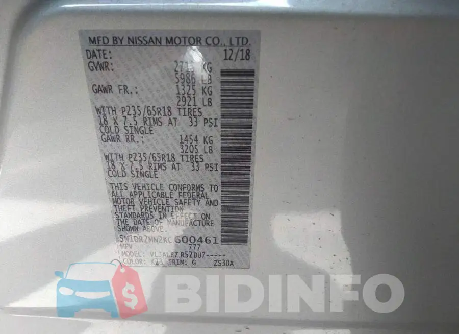 5N1DR2MN2KC600461 Photo# 9