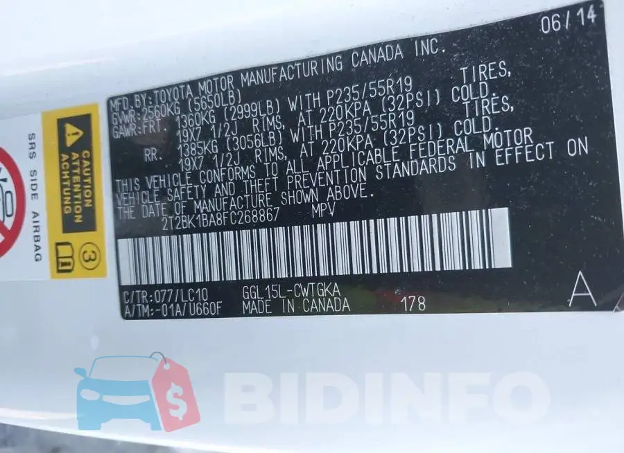 2T2BK1BA8FC268867 Photo# 9