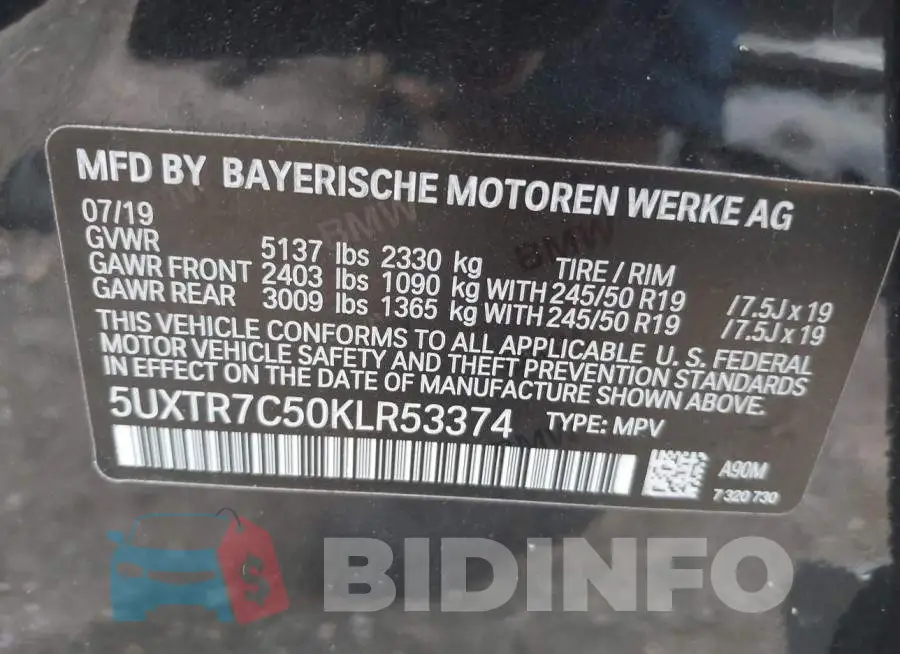 5UXTR7C50KLR53374 Photo# 9