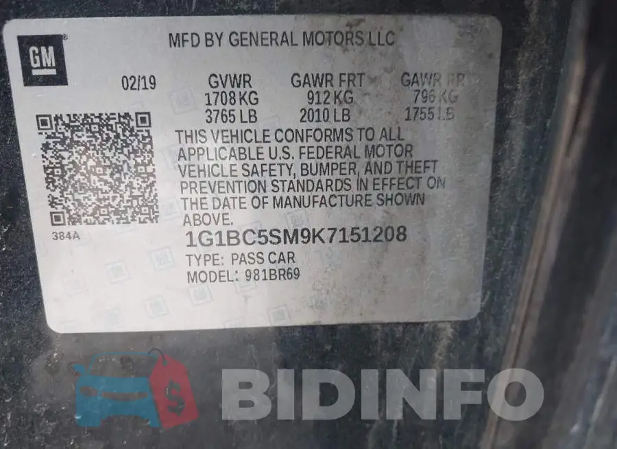 1G1BC5SM9K7151208 Photo# 9