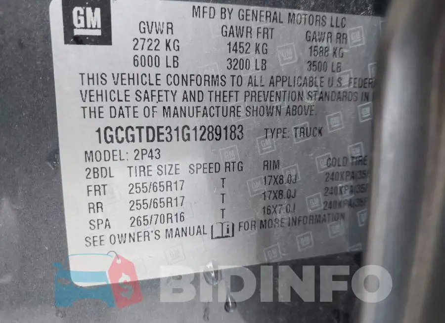 1GCGTDE31G1289183 Photo# 9