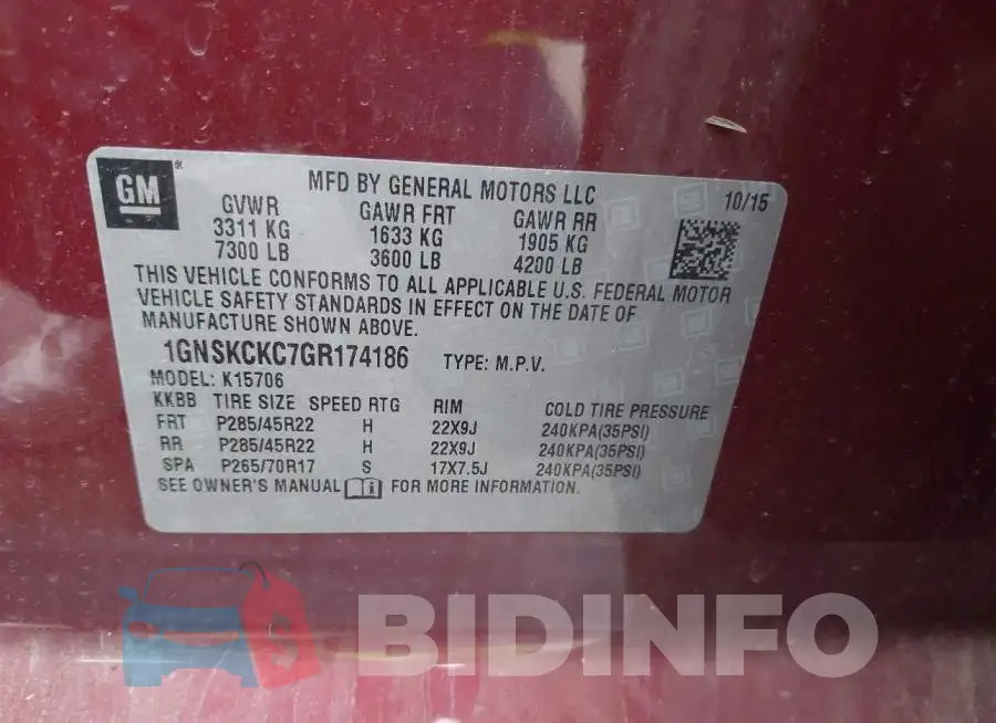 1GNSKCKC7GR174186 Photo# 9