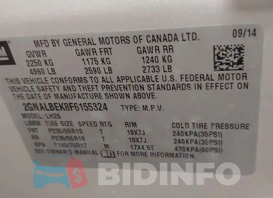 2GNALBEK8F6155324 Photo# 9