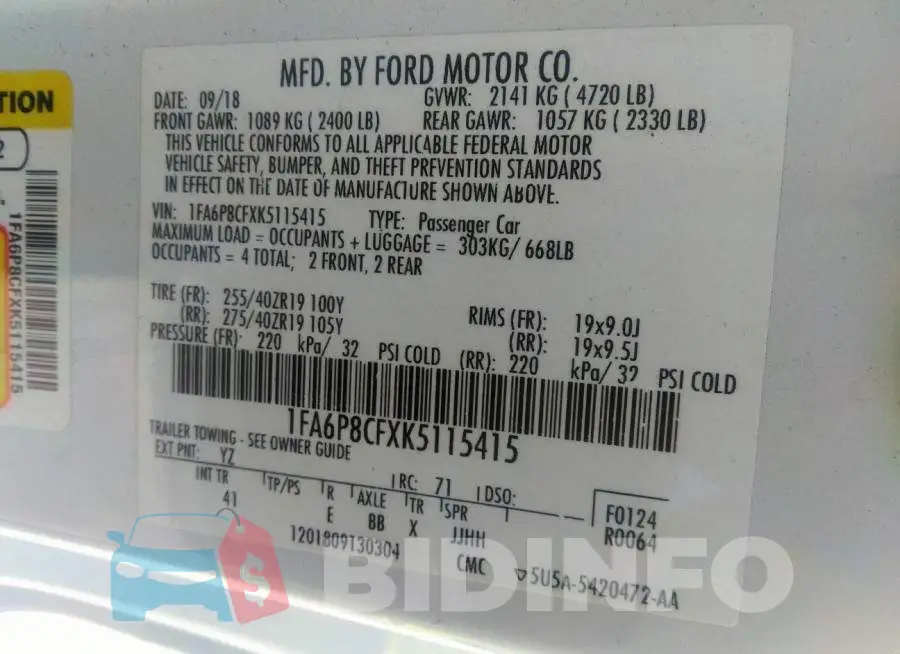 1FA6P8CFXK5115415 Photo# 9