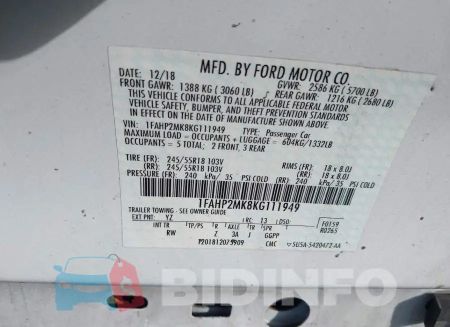 1FAHP2MK8KG111949 Photo# 9