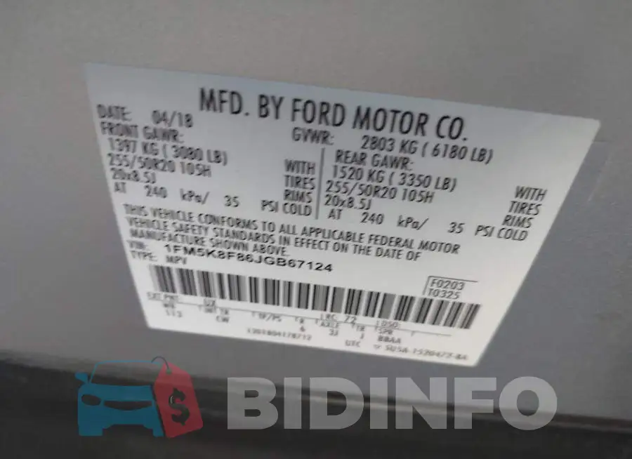 1FM5K8F86JGB67124 Photo# 9