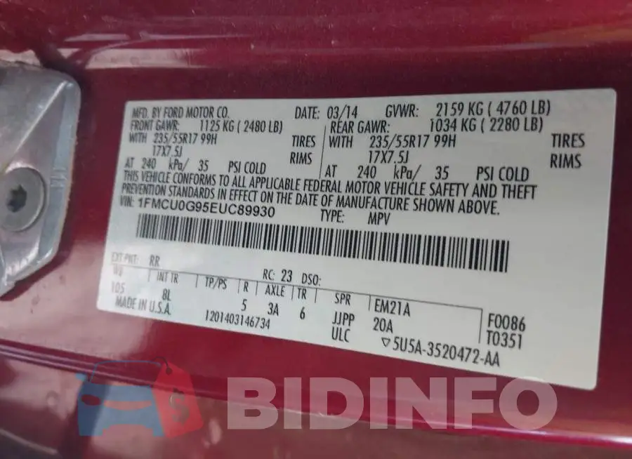 1FMCU0G95EUC89930 Photo# 9