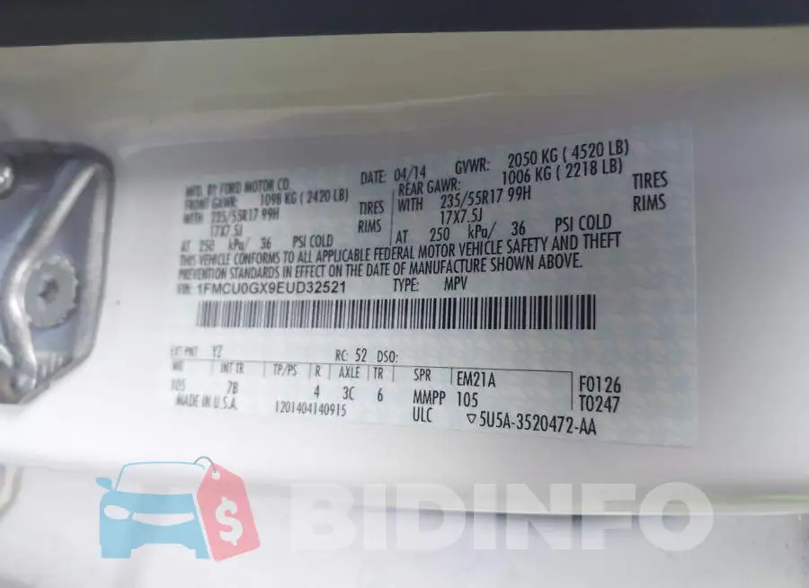 1FMCU0GX9EUD32521 Photo# 9