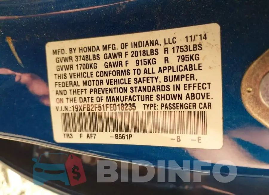 19XFB2F51FE018235 Photo# 9