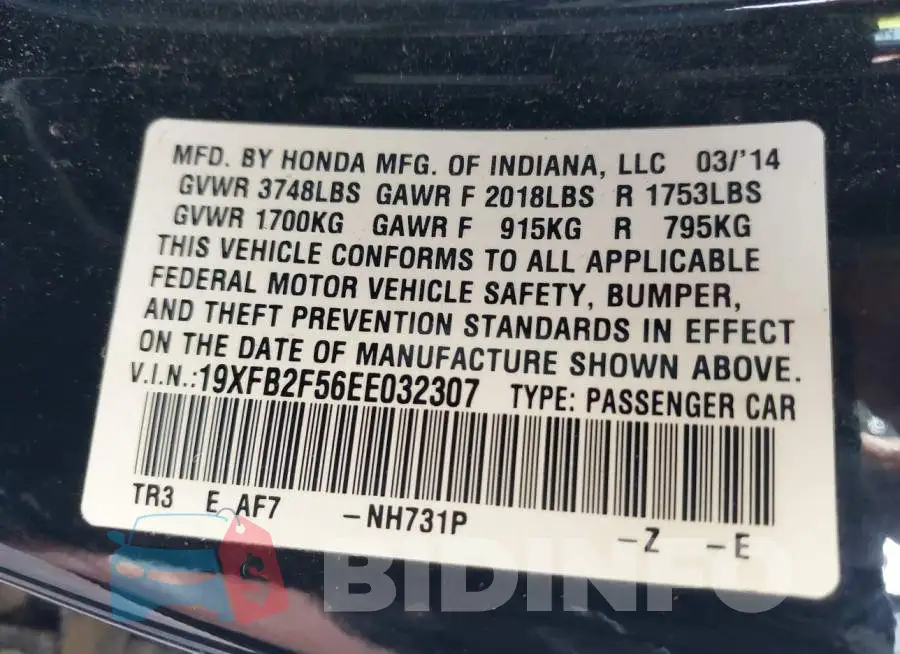 19XFB2F56EE032307 Photo# 9
