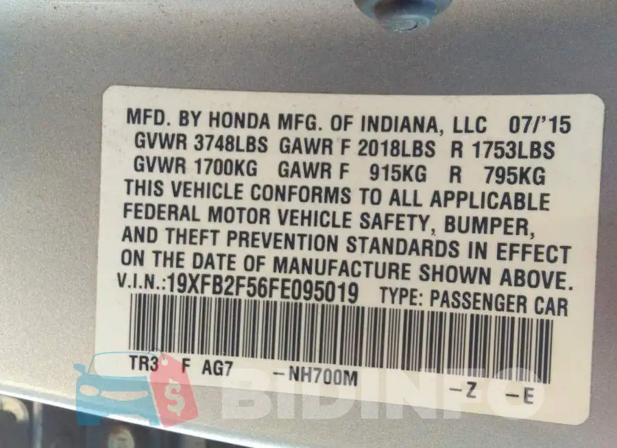 19XFB2F56FE095019 Photo# 9