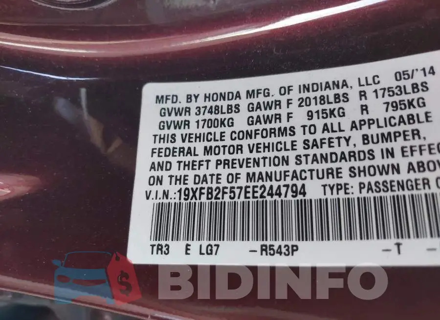19XFB2F57EE244794 Photo# 9