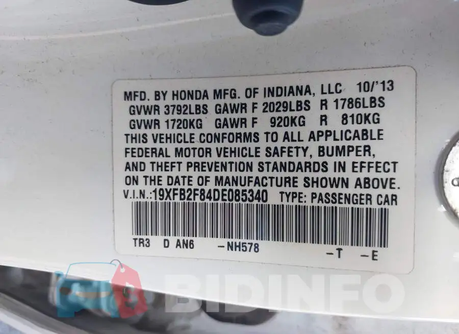 19XFB2F84DE085340 Photo# 9