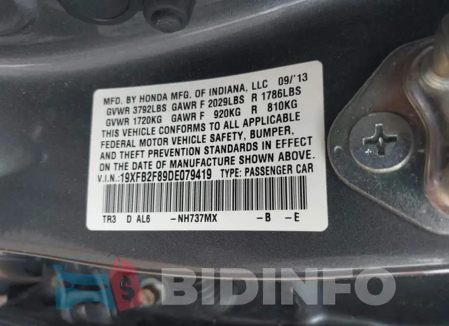 19XFB2F89DE079419 Photo# 9