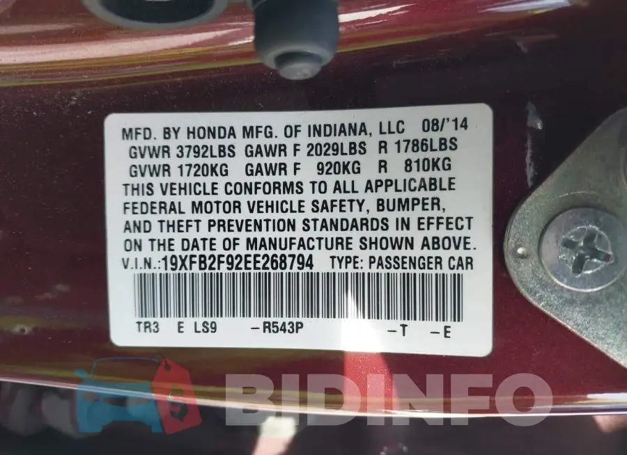 19XFB2F92EE268794 Photo# 9