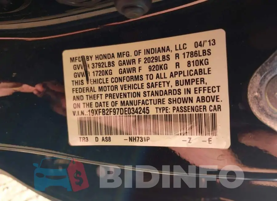 19XFB2F97DE034245 Photo# 9