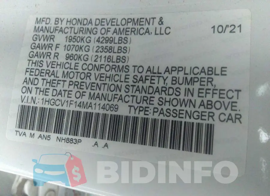 1HGCV1F14MA114069 Photo# 9