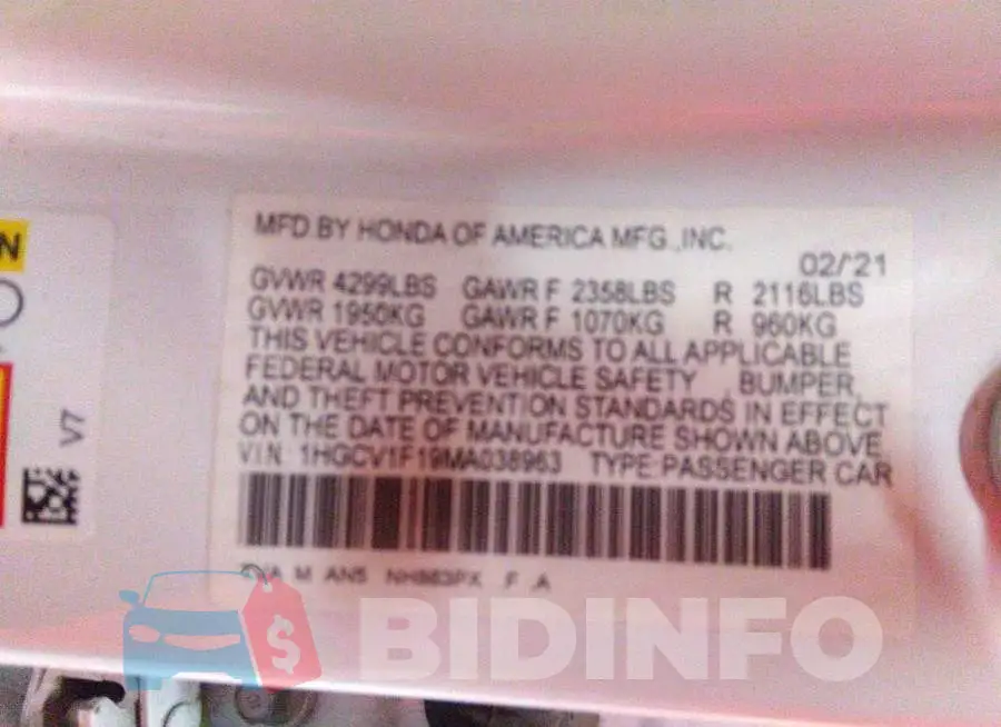 1HGCV1F19MA038963 Photo# 9