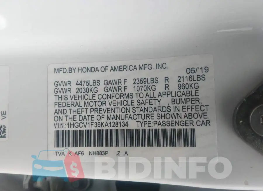 1HGCV1F36KA128134 Photo# 9