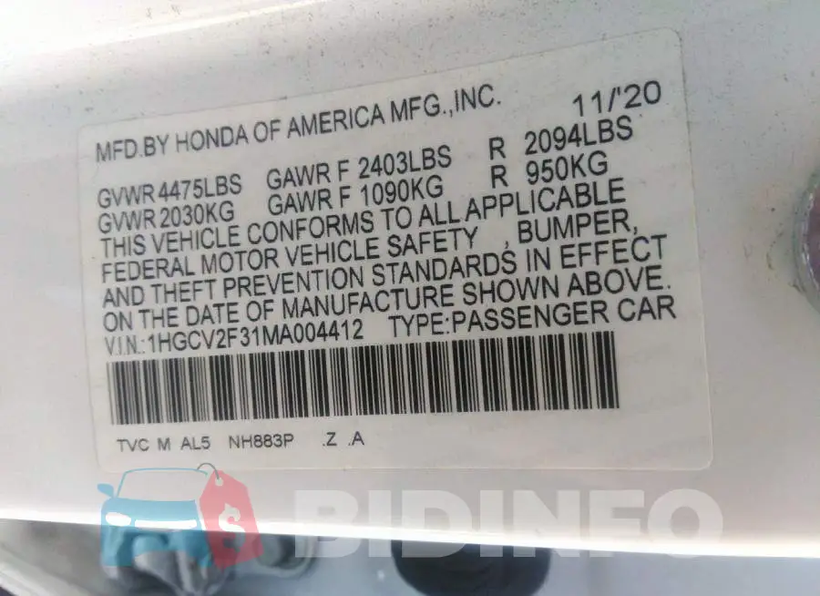 1HGCV2F31MA004412 Photo# 9