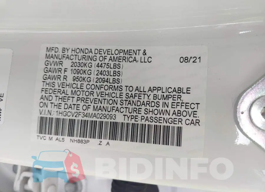 1HGCV2F34MA029093 Photo# 9