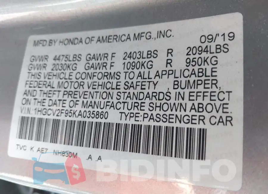 1HGCV2F95KA035860 Photo# 9
