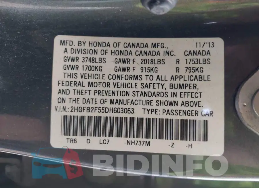 2HGFB2F55DH603063 Photo# 9