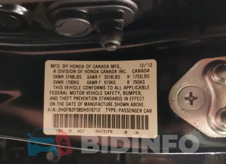 2HGFB2F58DH516712 Photo# 9