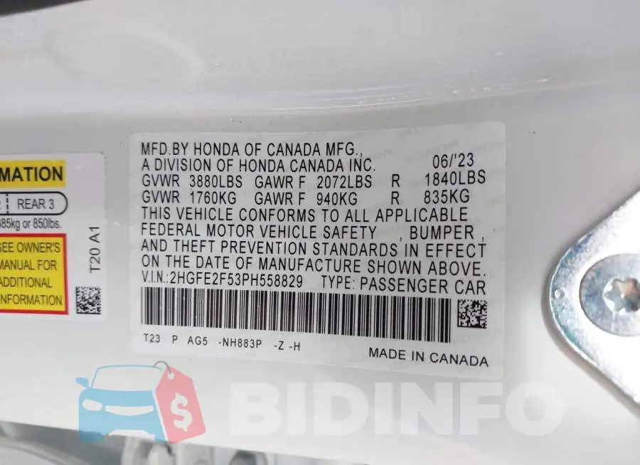 2HGFE2F53PH558829 Photo# 8