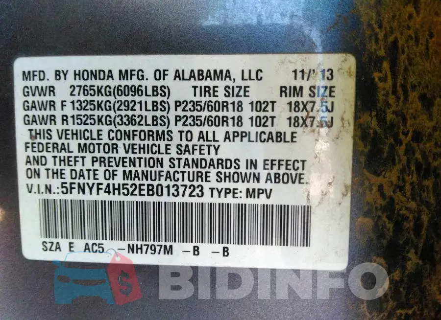 5FNYF4H52EB013723 Photo# 9