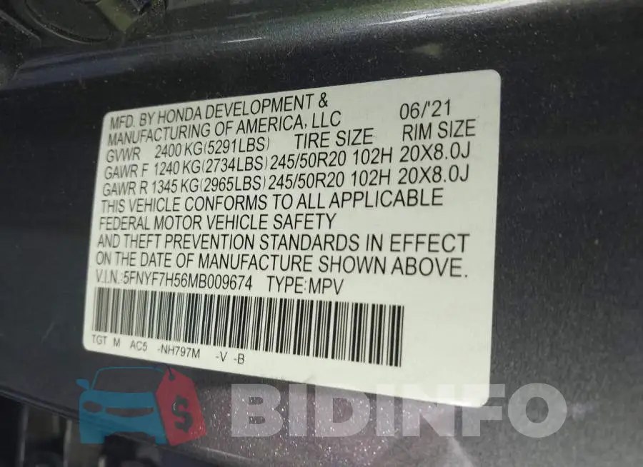 5FNYF7H56MB009674 Photo# 9