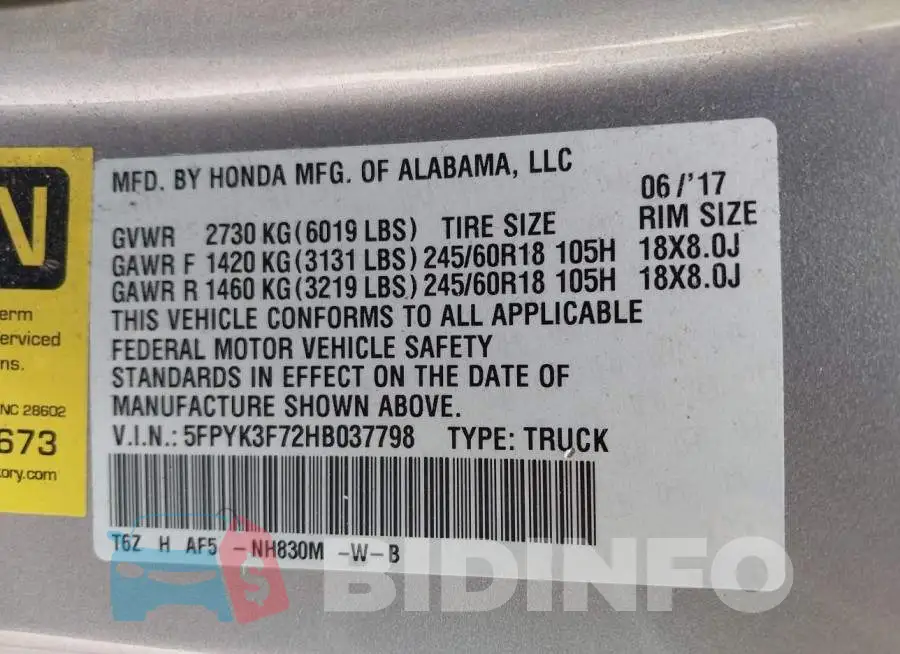 5FPYK3F72HB037798 Photo# 9
