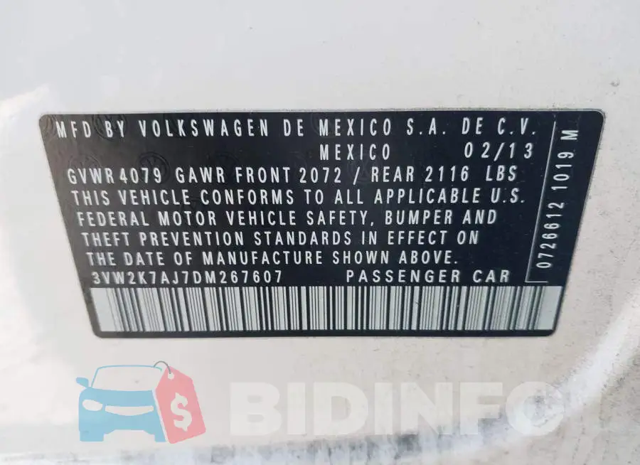 3VW2K7AJ7DM267607 Photo# 9