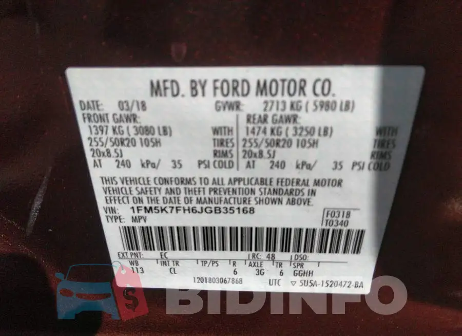 1FM5K7FH6JGB35168 Photo# 9