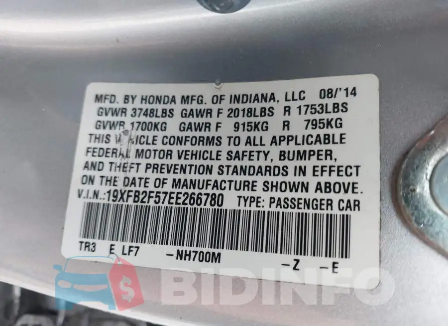 19XFB2F57EE266780 Photo# 9